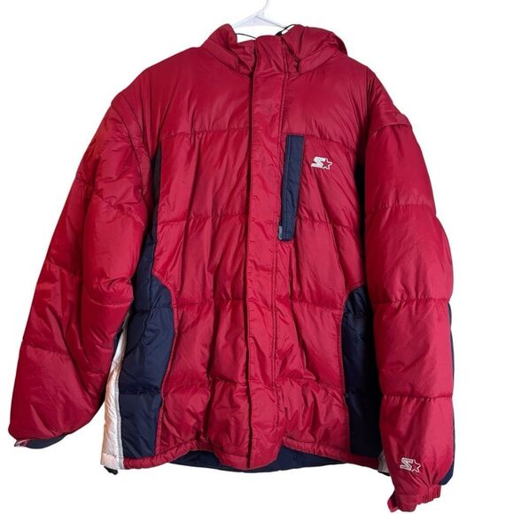 Vintage 90's Y2K Red White Blue Starter Puffer Jacket Mens Size Large Reversible